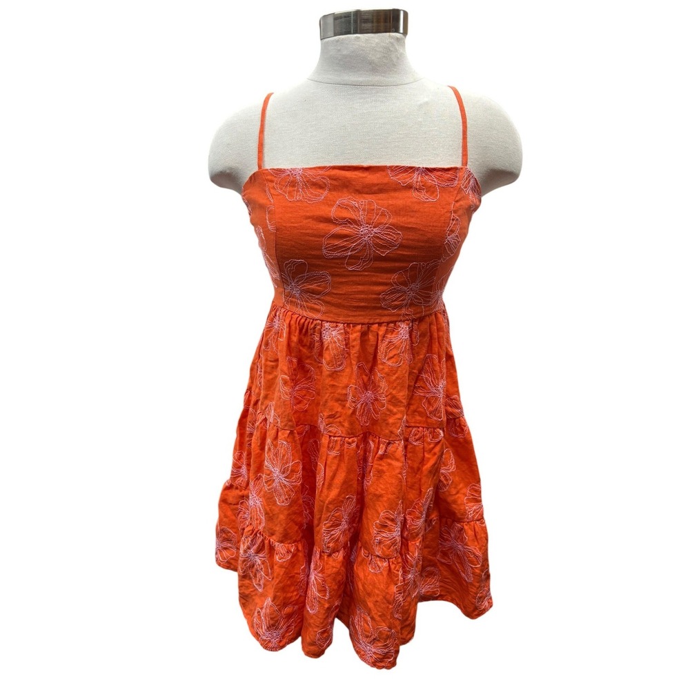 Maaji Emily Poppy Floral Embroidered Orange Linen Mini Sundress Tiered S